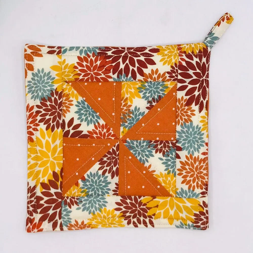 Set of 2, Square Potholder, Pinwheel Design, Fall Dahlias, Baking Gift Set Idea